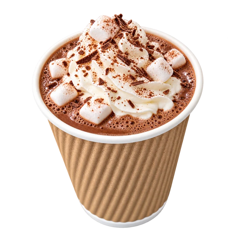 A hot chocolate topped with whipped cream, marshmallows and chocolate shavings